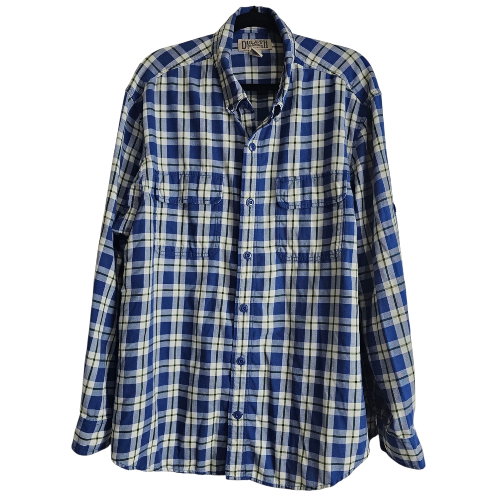 Duluth Trading Co Blue White Plaid Button Down Work Shirt Gusseted Pits Size XL - Picture 1 of 8